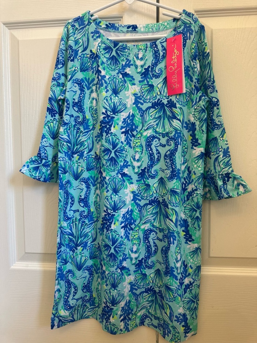 NWT Lilly Pulitzer Girls mini Sophie ruffle dress sea glass seeing double L 8/10